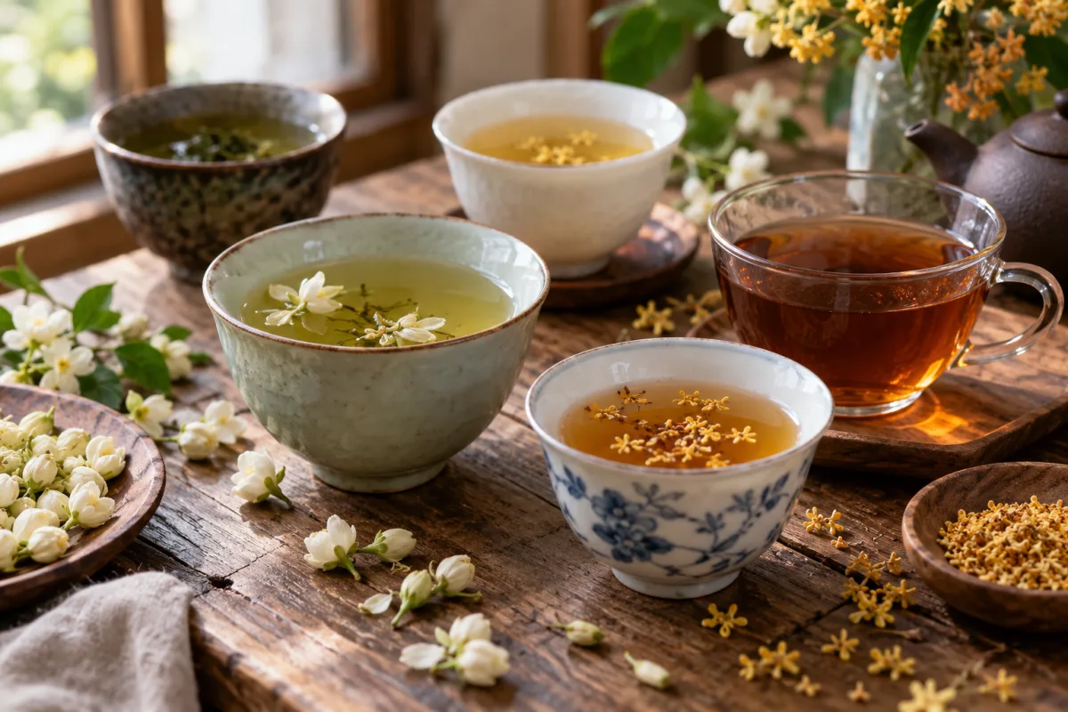 An arrangement of tea cups with jasmine and osmanthus blossoms on a wooden table