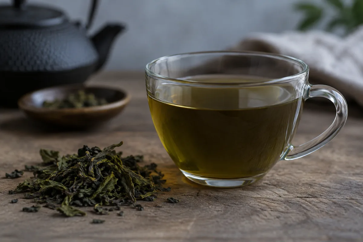 A glass cup of strong green tea with loose leaves beside it