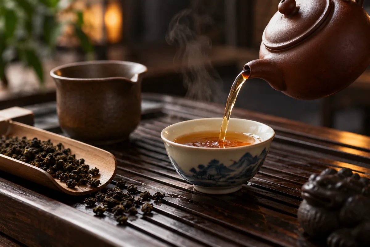 A clay teapot pouring amber tea into a porcelain cup