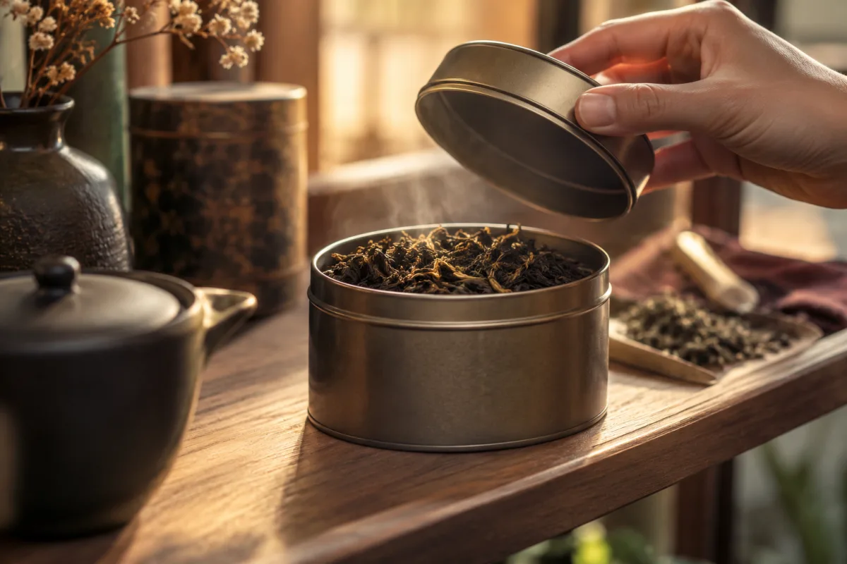 A hand lifting the lid of an open tea tin with loose leaves inside