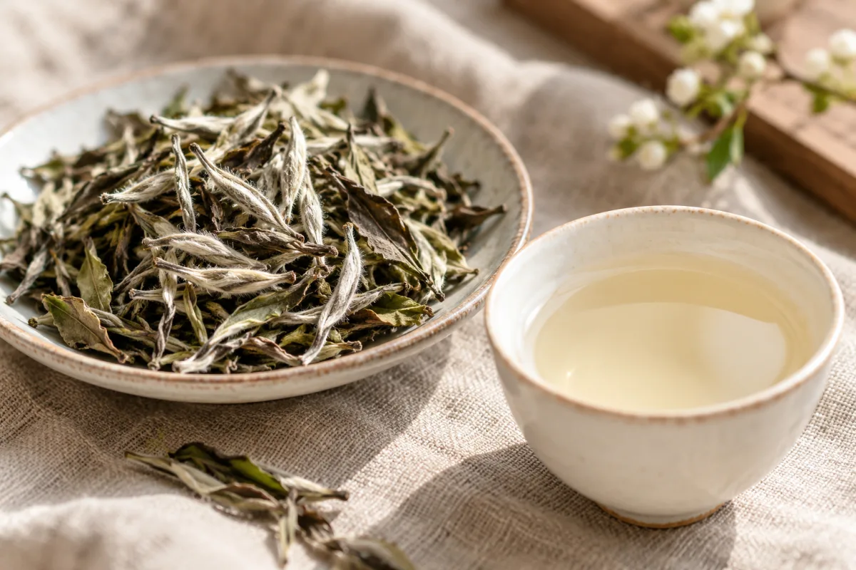 Silvery White Peony tea leaves with a pale cup of tea