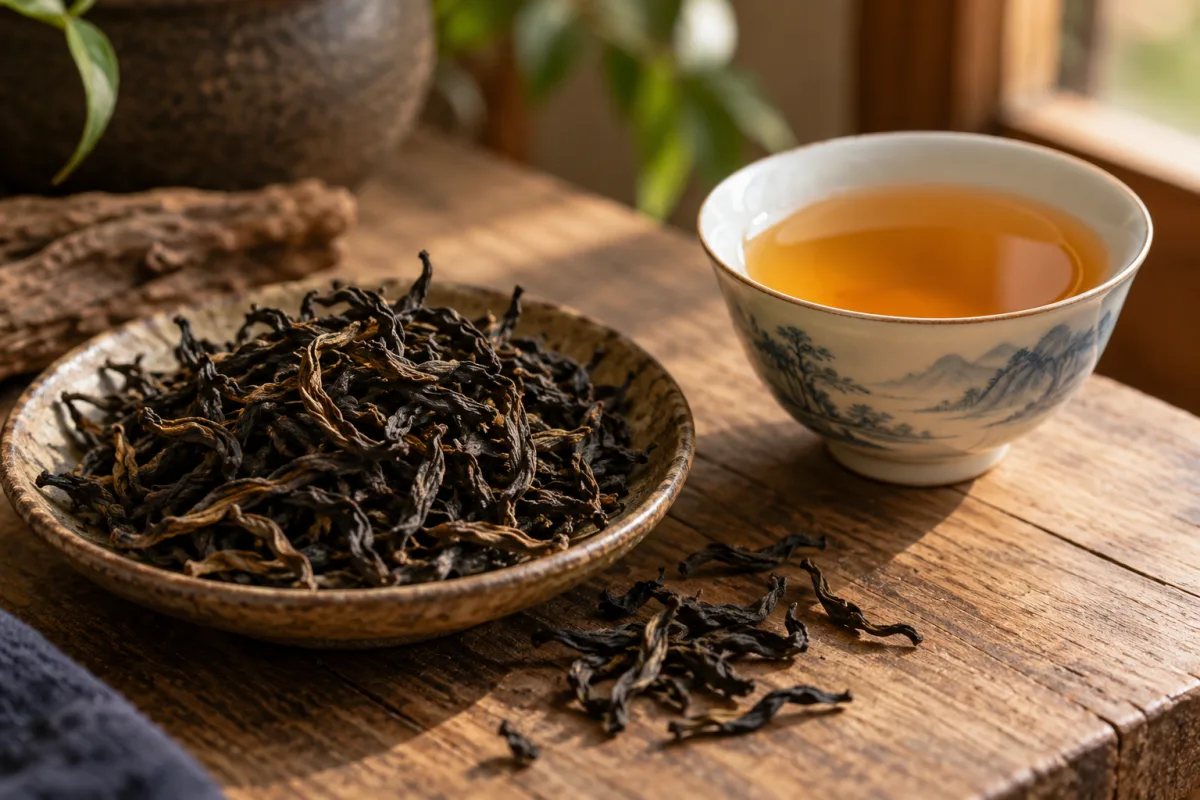 Phoenix Dan Cong oolong leaves with amber tea liquor