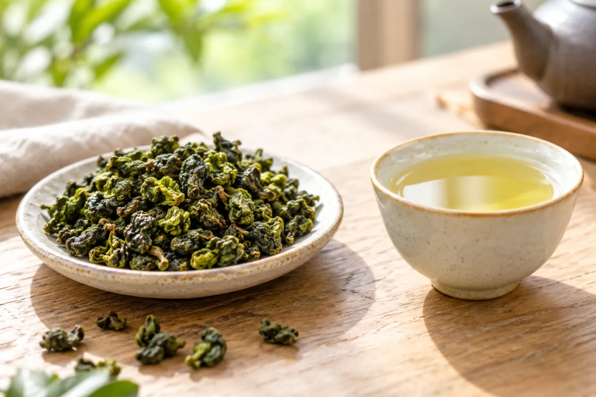 High mountain oolong tea leaves with pale tea liquor