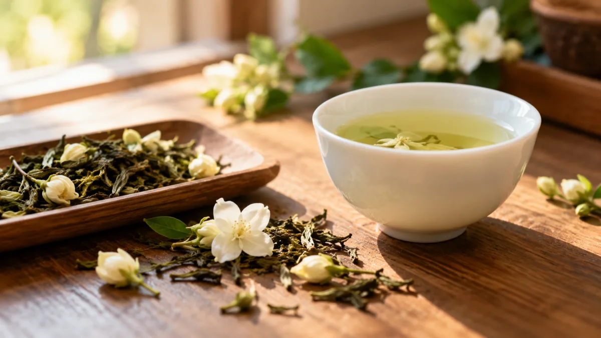 Jasmine green tea with fresh jasmine blossoms