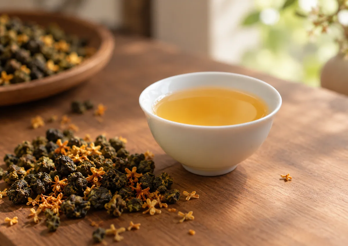 Osmanthus oolong tea with scattered osmanthus flowers