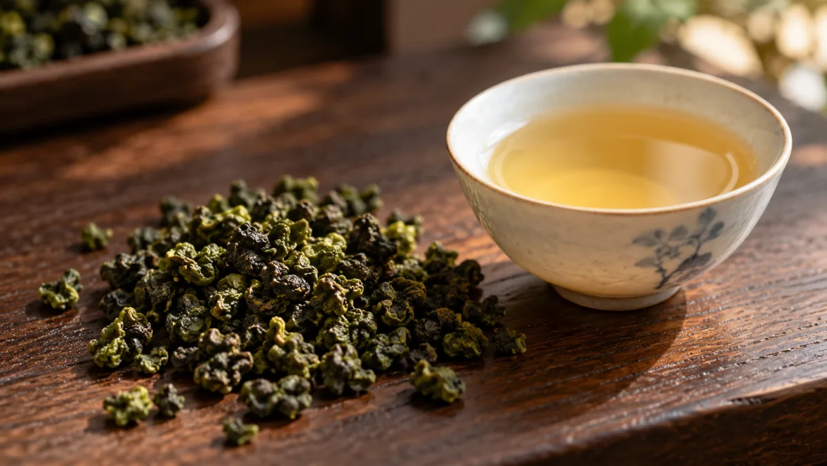 Rolled Tieguanyin oolong leaves beside a cup of tea